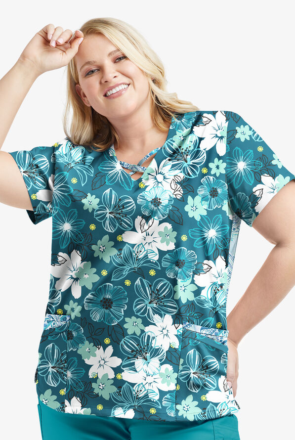 Butter-Soft STRETCH Floral Mirage & Paisley Womens 4-Pocket Crisscross Mixed Print Scrub Top - null - 3