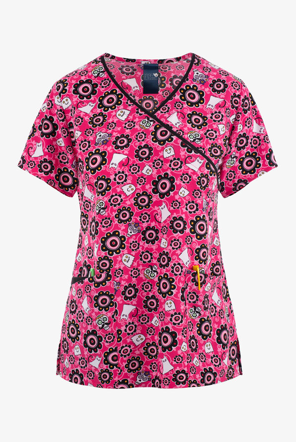 Zoe & Chloe Sugar Boo Ghosts Women's 3-Pocket STRETCH Mock Wrap Print Scrub Top - null - 1