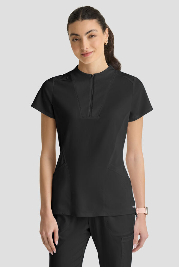 Grey's Anatomy&trade; by Barco Spandex STRETCH Kristi Women's 2-Pocket Quarter Zip Collar Neck Scrub Top - Black - 2