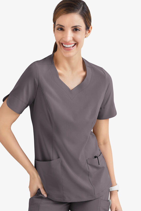 Easy STRETCH Aisha Women's 2-Pocket Sweetheart Neckline Scrub Top - Grey Stone - 5