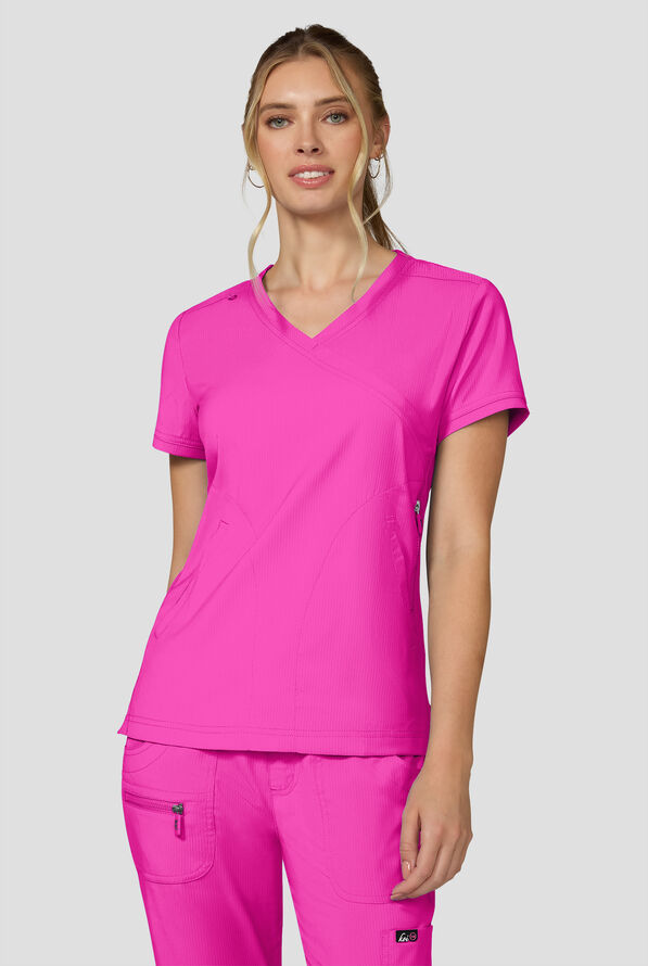 koi Lite&trade; Philosophy Women's 3-Pocket Mock Wrap Side Zipper Scrub Top - Hibiscus Pink - 2