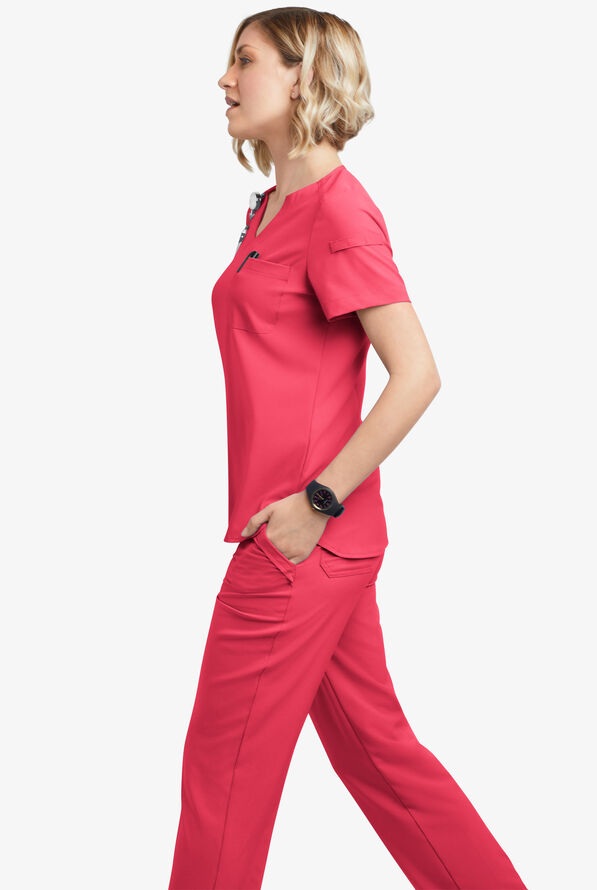 Easy STRETCH Nikki Women's 1-Pocket Scallop Neck Tuck-In Scrub Top - Bright Watermelon - 5