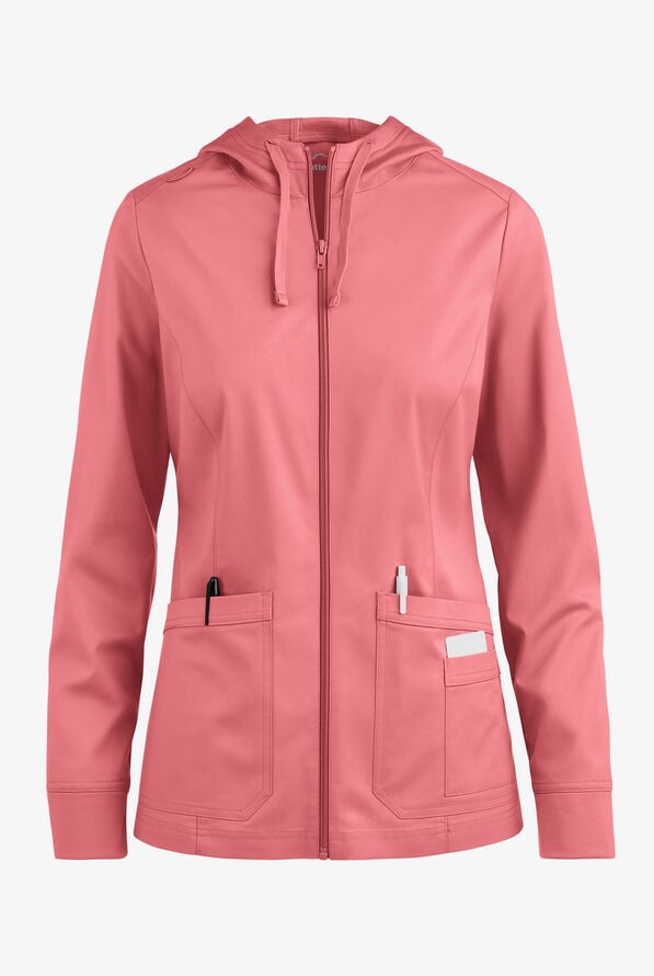 Butter-Soft STRETCH Women's 3-Pocket Zip-Front with Cozy Knit Hood and Trim Scrub Jacket - Guava Fizz - 1