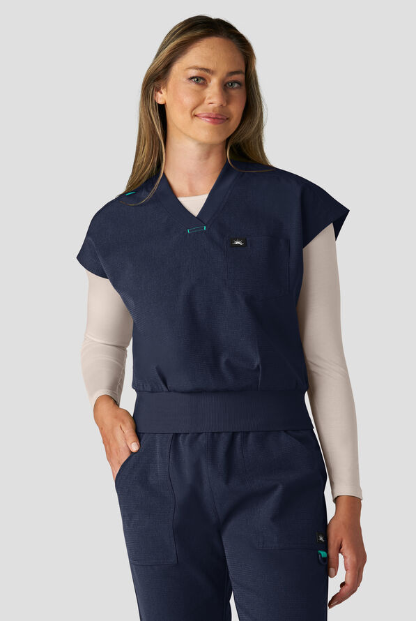 koi Solis Trinity Women's 1-Pocket STRETCH Banded Bottom Split V-Neck Scrub Top - Navy - 2