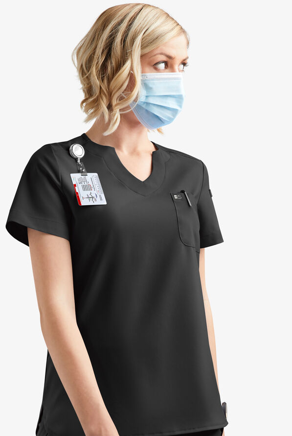 Easy STRETCH Nikki Women's 1-Pocket Scallop Neck Tuck-In Scrub Top - Onyx Black - 7