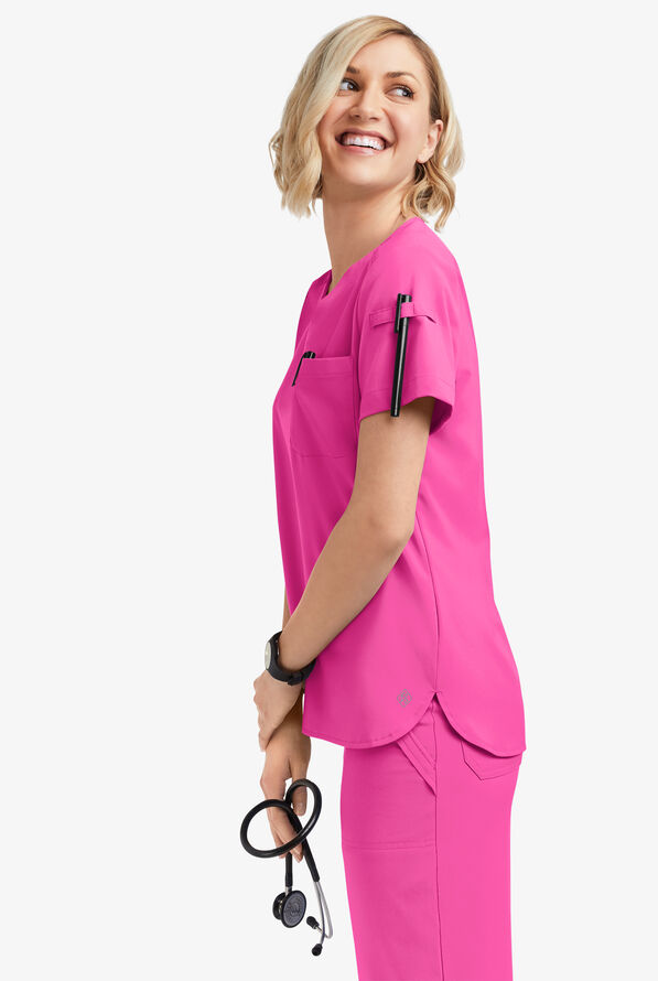 Easy STRETCH Nikki Women's 1-Pocket Scallop Neck Tuck-In Scrub Top - Glam Pink - 2