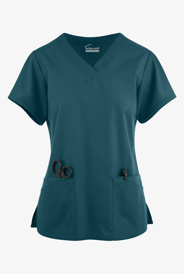Blusa médica Butter-Soft Originals con cuello en V y 6 bolsillos para mujer - Caribbean Blue - 1