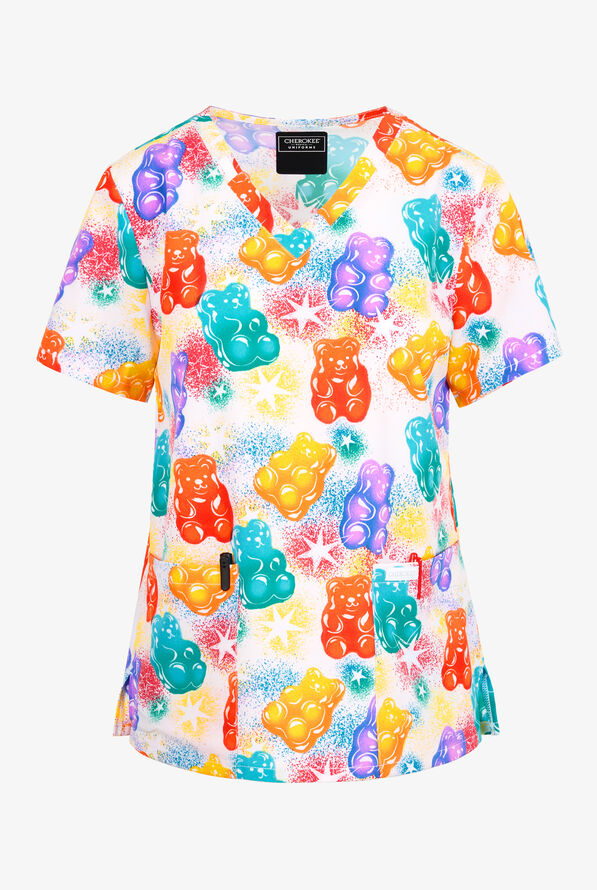 Cherokee Beary Rainbow Women's 2-Pocket STRETCH V-Neck Print Scrub Top - null - 1