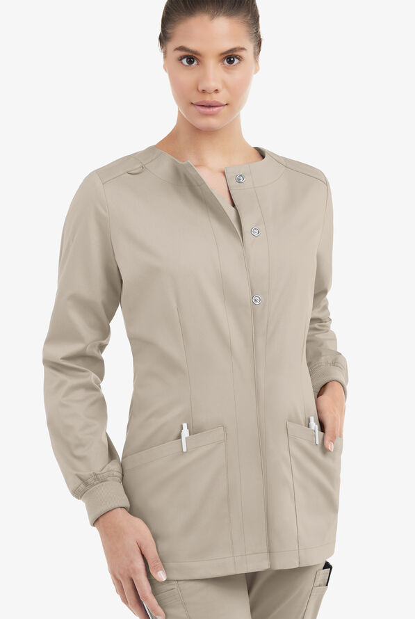 Butter-Soft STRETCH Women's 2-Pocket Long Sleeve Snap Front Scrub Jacket - Warm Sand - 2