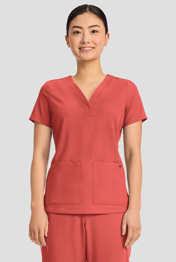 Blusa m&eacute;dica Healing Hands Quest Briana STRETCH con 3 bolsillos y cuello en Y para mujer - Warm Sunrise - 2