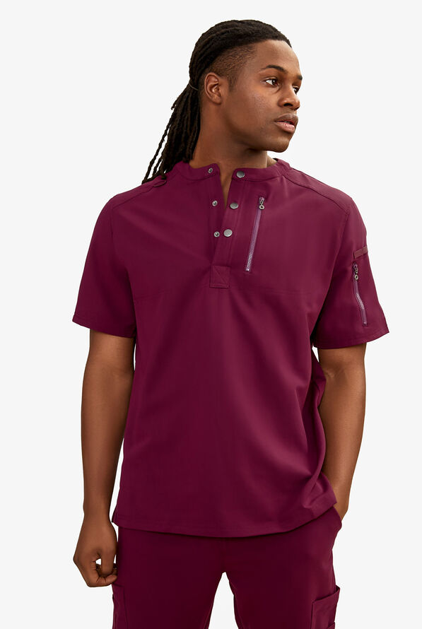 Keswi Men's 2-Pocket Snap Front Henley Scrub Top - Wine - 1
