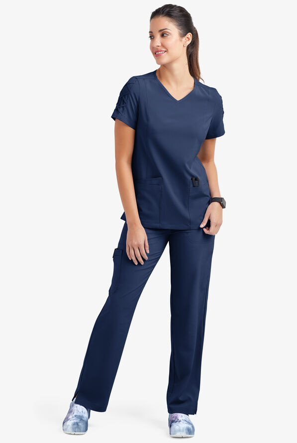 Easy STRETCH Kylie Woman's 5 Pocket V-Neck With Criss-Cross Detail Scrub Top - Navy - 2