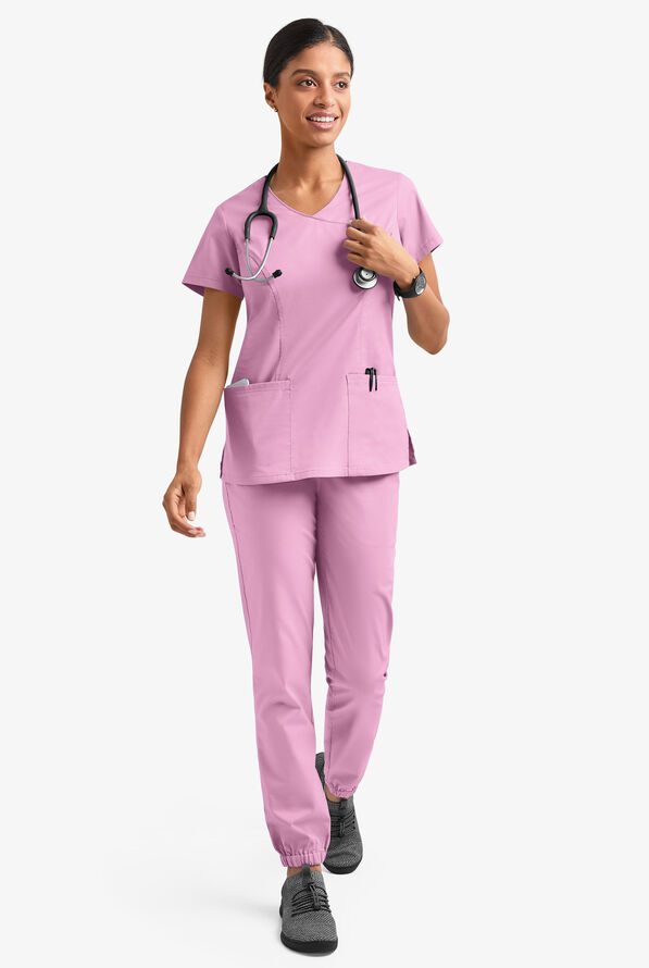 Butter-Soft STRETCH Women's 3-Pocket V-Neck Mock Wrap Scrub Top - Sweet Rose - 6