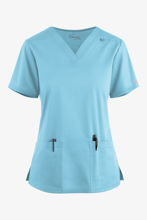 Butter-Soft STRETCH Women's 4-Pocket V-Neck Scrub Top - Poolside View - 1