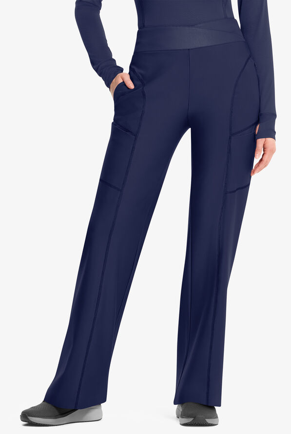 Infinity GNR8 Kinetic Knit Women's 5-Pocket STRETCH Cross-Over Waistband Wide Leg Scrub Pants - Navy - 1