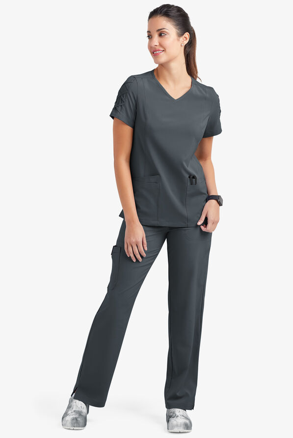 Easy STRETCH Kylie Woman's 5 Pocket V-Neck With Criss-Cross Detail Scrub Top - Pewter - 2