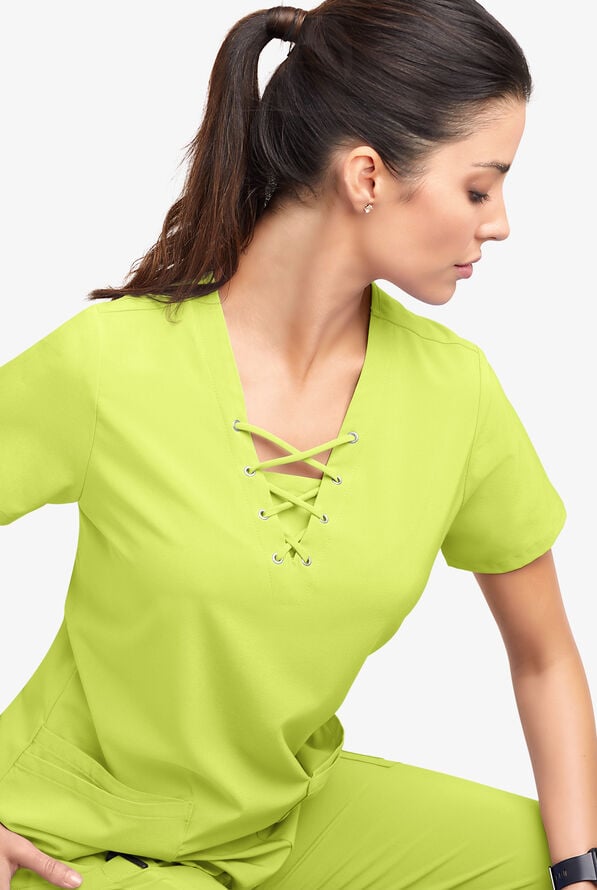Easy STRETCH Gisele Women's 4-Pocket Lace Up V-Neck Scrub Top - Fresh Lime - 5