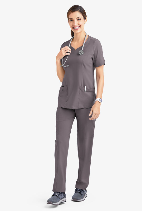 Easy STRETCH Aisha Women's 2-Pocket Sweetheart Neckline Scrub Top - Grey Stone - 2