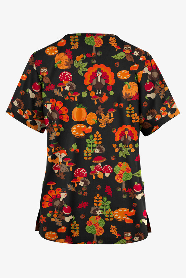 Butter-Soft Originals Friendly Thanksgiving Navy Women's 2-Pocket Classic Fit V-Neck Print Scrub Top - null - 2