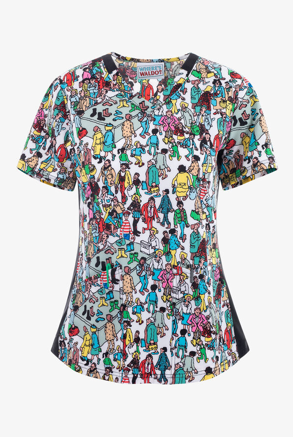 Tooniforms Where's Waldo? Women's 2-Pocket STRETCH V-Neck Print Scrub Top - null - 1
