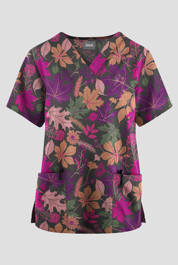 Butter-Soft Originals Vermont Leaves Pewter Women's 2-Pocket V-Neck Print Scrub Top - null - 1