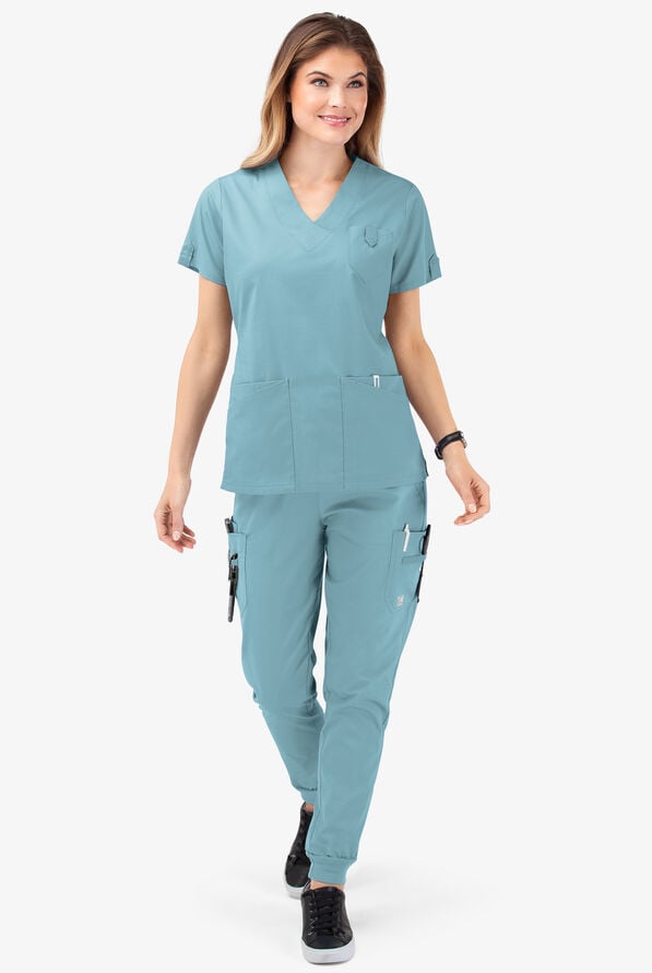Butter-Soft STRETCH Women's 6-Pocket V-Neck Scrub Top - Dew Drop - 2