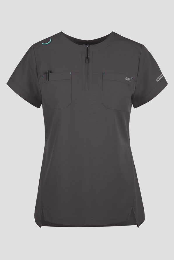 Skechers by Barco Ripstop Trek Women's 2-Pocket STRETCH Rounded Zip Neck Tuck In Scrub Top - Pewter - 1