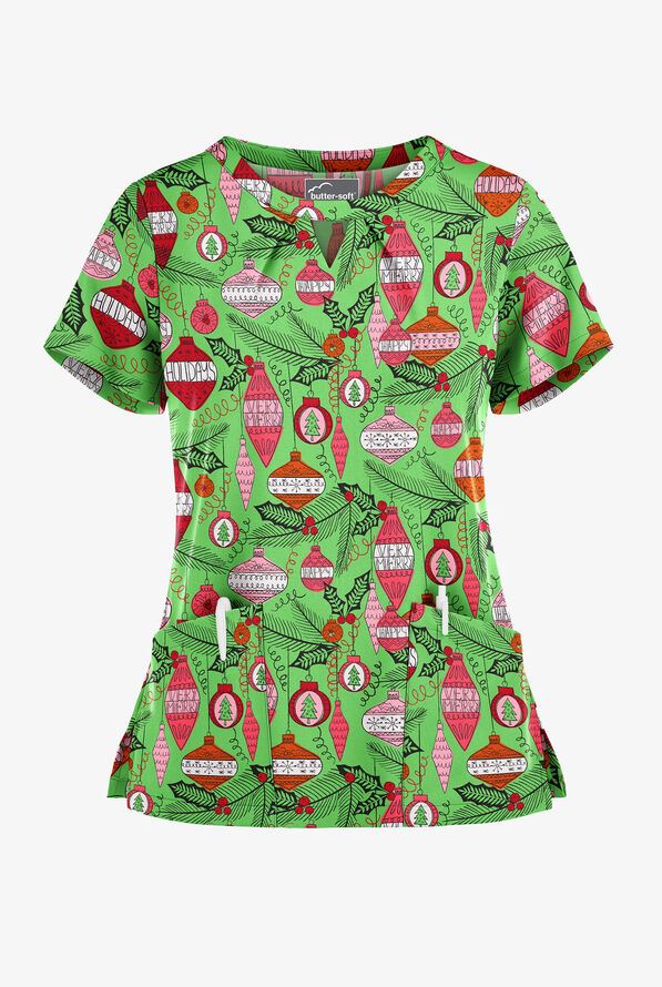 Butter-Soft Christmas Baubles Grass Green Women's 2-Pocket Keyhole V Neck Print Scrub Top - null - 1