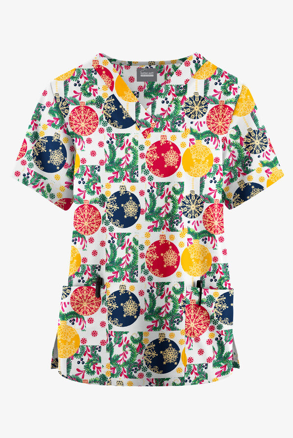 Butter-Soft Originals White Baubles And Berries  Women's 2-Pocket Classic Fit V-Neck Print Scrub Top - null - 1