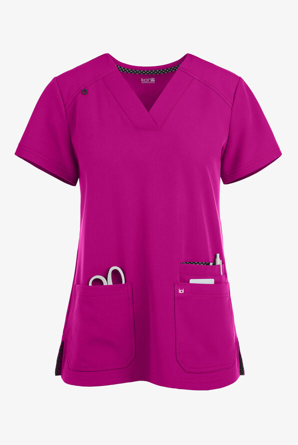 koi Next Gen Hustle and Heart Women's 3-Pocket STRETCH V-Neck Scrub Top - Azalea Pink - 1