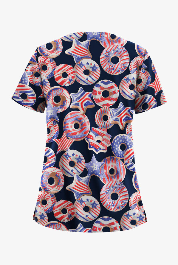 Butter-Soft STRETCH Sweet Liberty Navy Women's 2-Pocket V-Neck Print Scrub Top - null - 2
