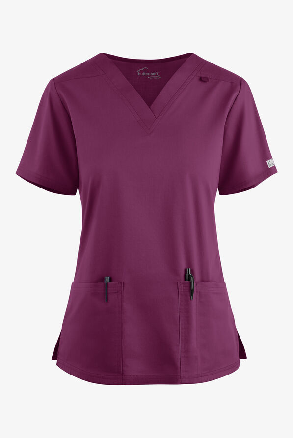 Butter-Soft STRETCH Women's 4-Pocket V-Neck Scrub Top - Wine - 1