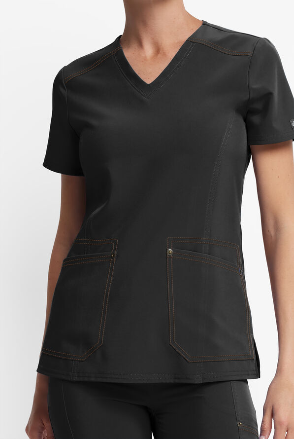 Dickies Riveting Women's 2-Pocket STRETCH Contrast Stitching V-Neck Scrub Top - Black - 2