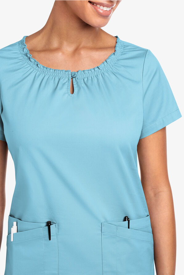 Blusa m&eacute;dica UA Butter-Soft STRETCH estilo campesina con mangas cortas y 6 bolsillos para mujer - Poolside View - 3