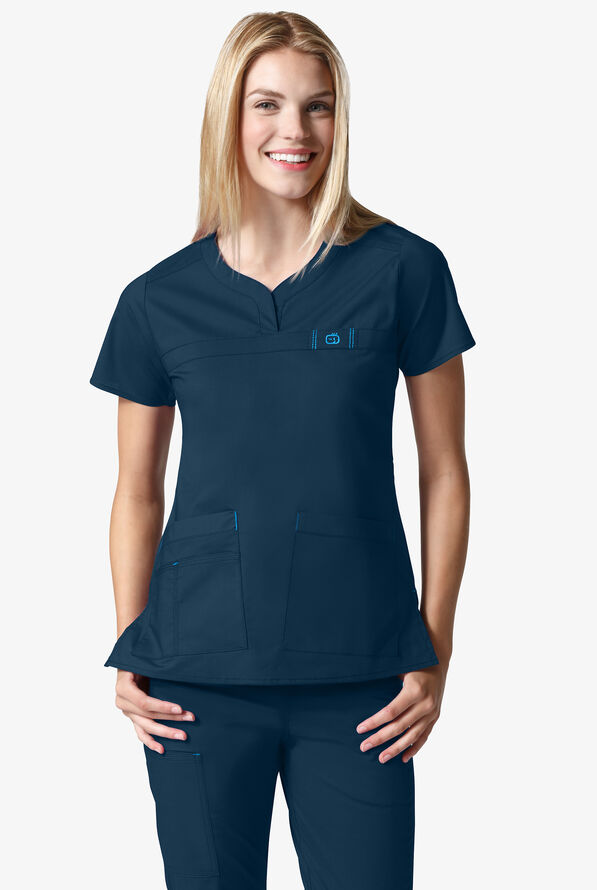 WonderWink WonderFLEX Patience Women's 4-Pocket STRETCH Notch-Neck Scrub Top - Navy/Malibu - 4
