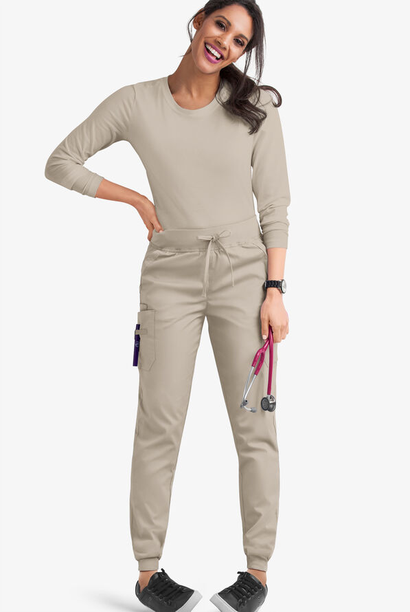 Butter-Soft STRETCH Women's 5-Pocket Cargo Jogger Scrub Pants - Petite - Warm Sand - 2