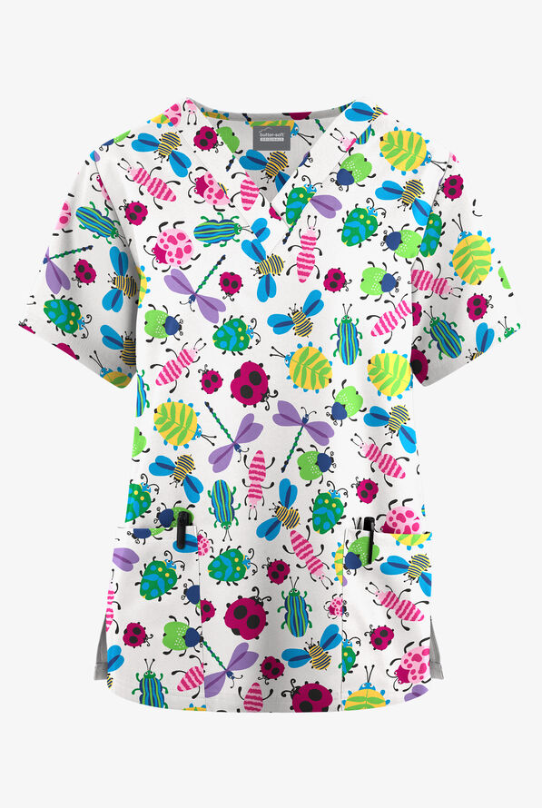 Butter-Soft Originals Happy Bugs Women's 2-Pocket V-Neck Print Scrub Top - null - 1