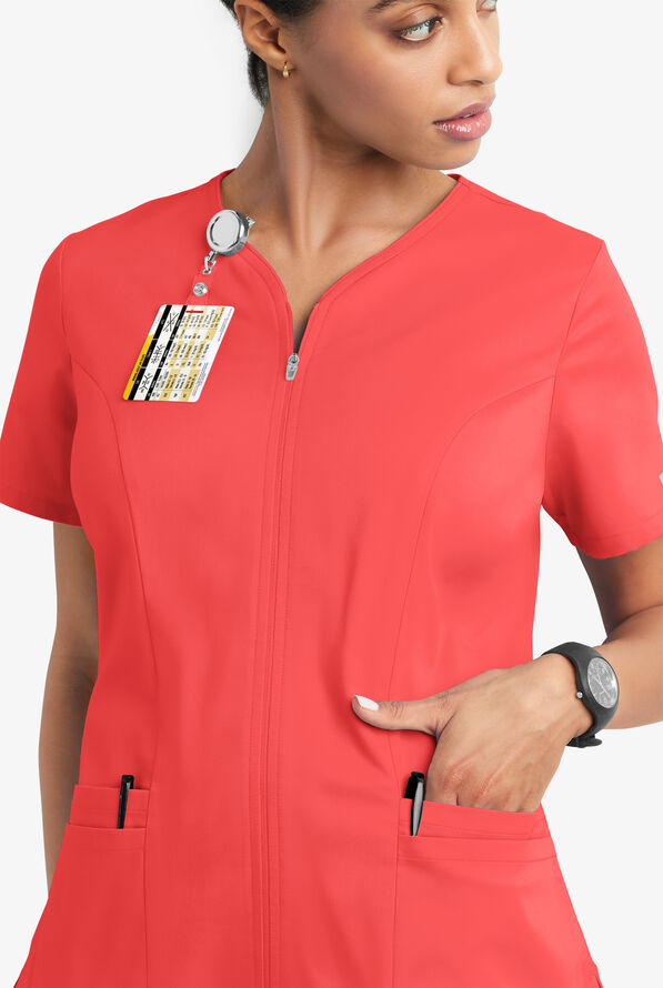 Butter-Soft STRETCH Women's 4-Pocket Smooth Face Zipper Scrub Top - Radiant Red - 3