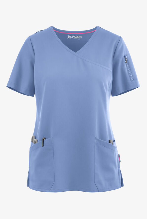 MOVEMENT by Butter-Soft Capella Women's 5-Pocket Faux Wrap STRETCH Scrub Top - Ceil Blue - 1