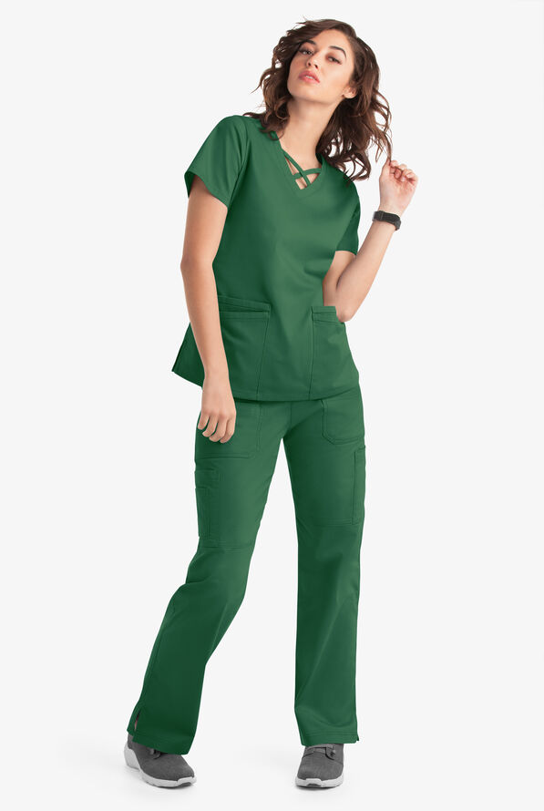 Blusa m&eacute;dica UA Butter-Soft STRETCH con lazos entrecruzados y 4 bolsillos para mujer - Hunter - 6