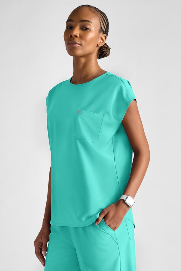 Easy STRETCH Women's Dolman Sleeve Crew Neck Scrub Top - Aqua Dust - 3