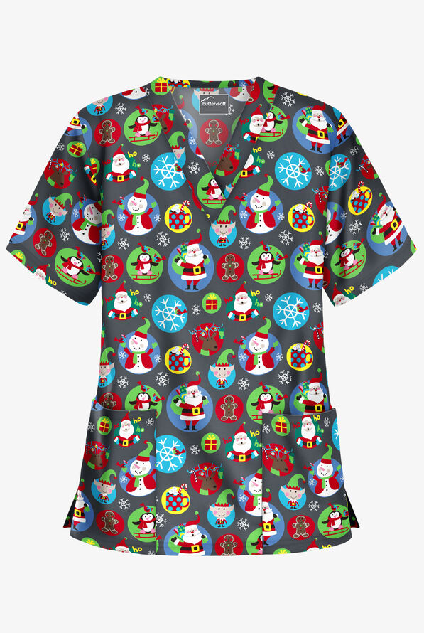 Butter-Soft Christmas Stickers Pewter Women's 2-Pocket Relaxed Fit V-Neck Print Scrub Top - null - 1