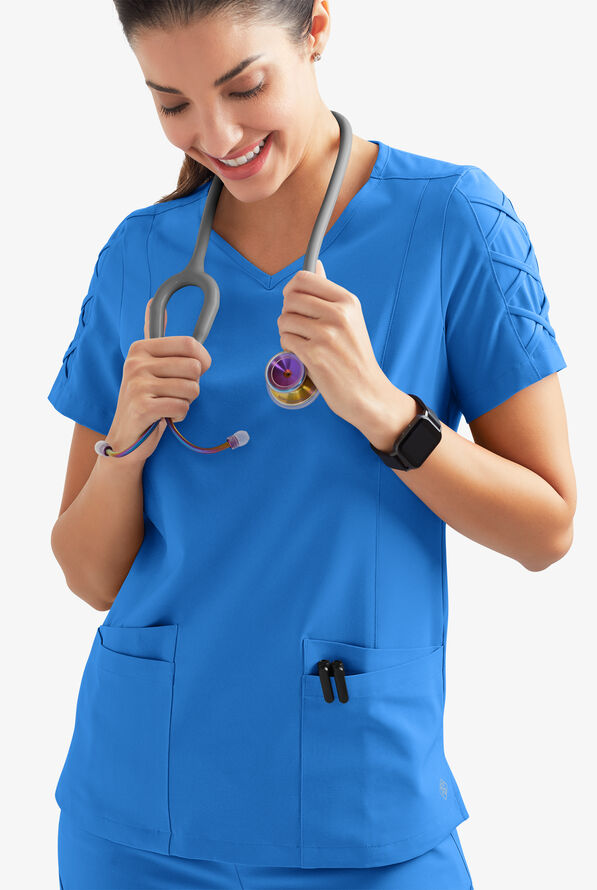 Easy STRETCH Kylie Woman's 5 Pocket V-Neck With Criss-Cross Detail Scrub Top - Cerulean - 3