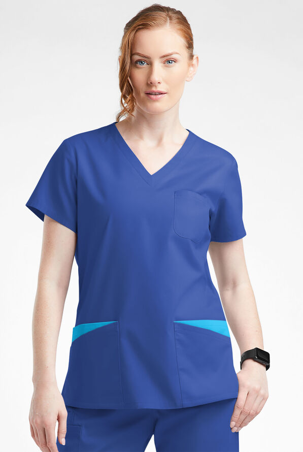 Blusa médica Butter-Soft Originals con cuello en V redondeado y 7 bolsillos para mujer - Galaxy/Turquoise - 2