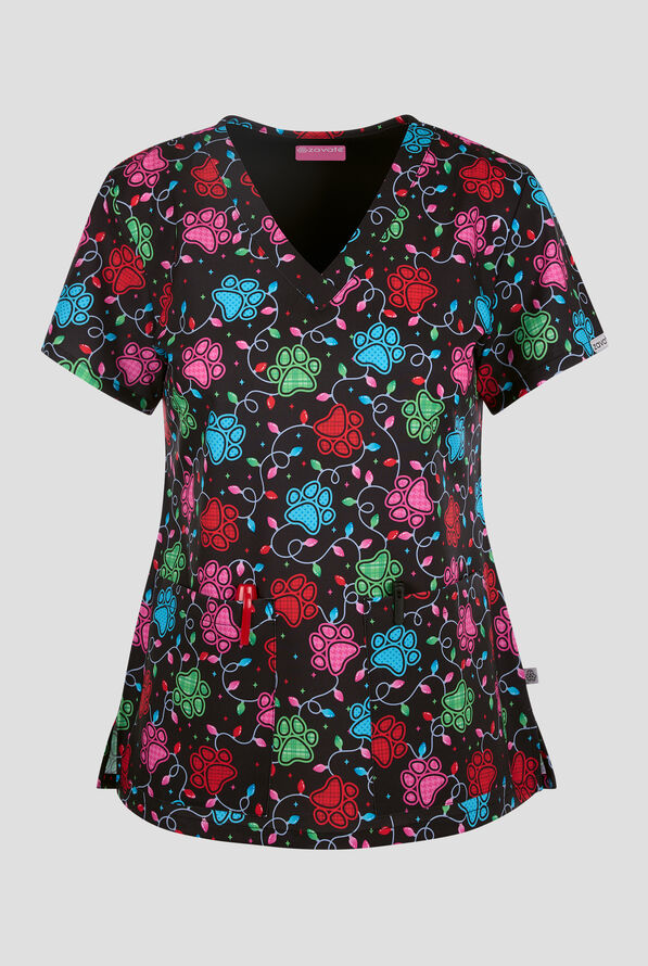 Zavate Ava Therese Pawfect Lights Women's 2-Pocket STRETCH V-Neck Print Scrub Top - null - 1