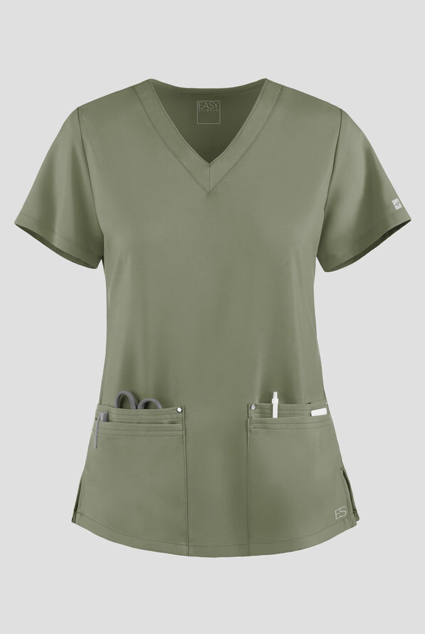 Blusa médica Easy STRETCH Lina con cuello en V ingleteado y 4 bolsillos para mujer - Olive Leaf - 1