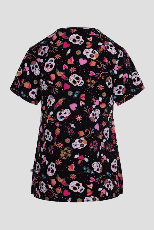 Wink Sugar Skull Fiesta Women's 2-Pocket STRETCH V-Neck Print Scrub Top - null - 2