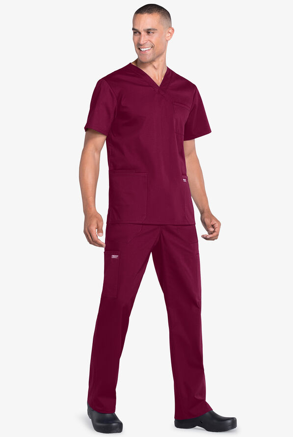 Cherokee Workwear Professionals Men's 4-Pocket STRETCH V-Neck Scrub Top - Wine - 2