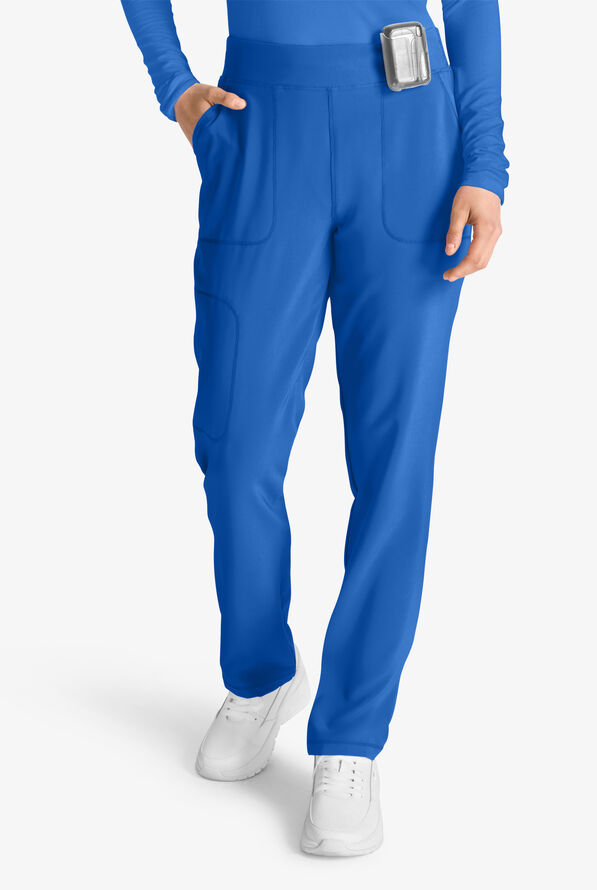 Cherokee Collection Women's 4-Pocket STRETCH Flat Front Rib-Knit Back Waist Cargo Scrub Pants - Royal - 1