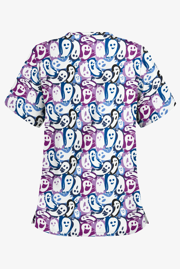 Butter-Soft Happy Halloween Ghosts Navy Women's 2-Pocket Relaxed Fit V-Neck Print Scrub Top - null - 2